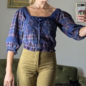 Urban Outfitters Cotton Linen Plaid Peasant Cottagecore Shirt Blouse Size Small